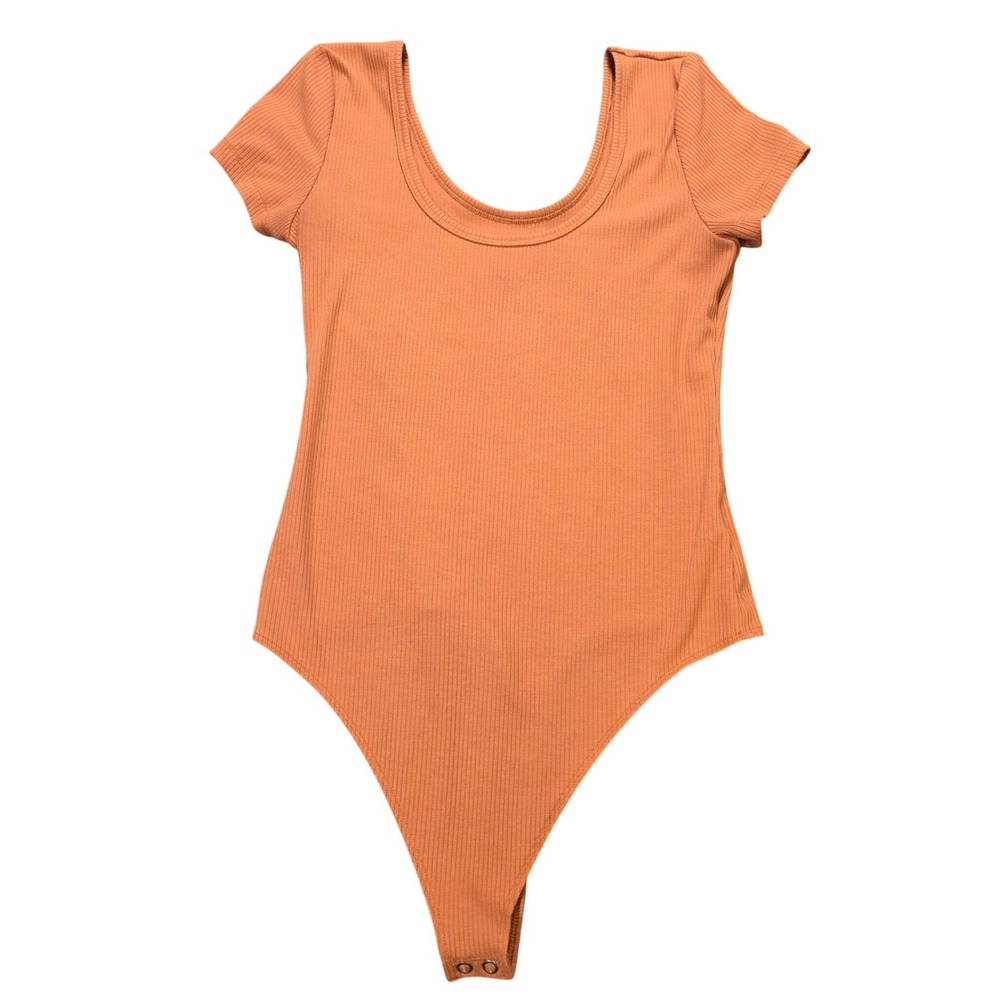American Eagle Ribbed Bodysuit Women's Sixe M Orange Scoop Neck Short Sleeve